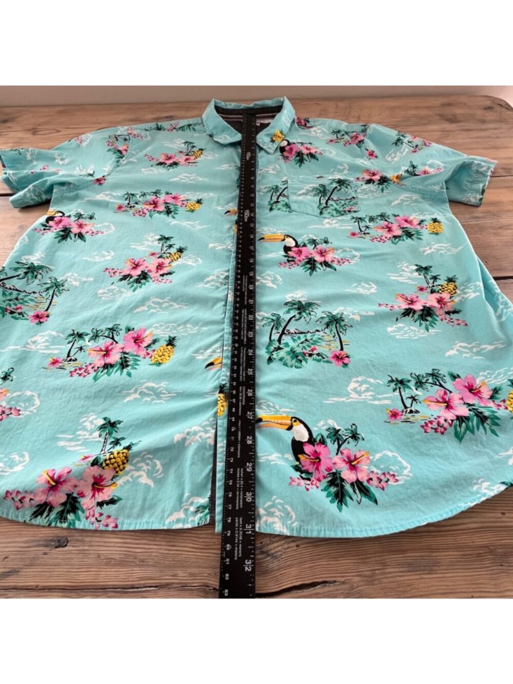Ron Jon Hawaiian Shirt Mens XXL Turquoise Blue Tropical Print Toucan Resort Wear - Picture 5 of 5